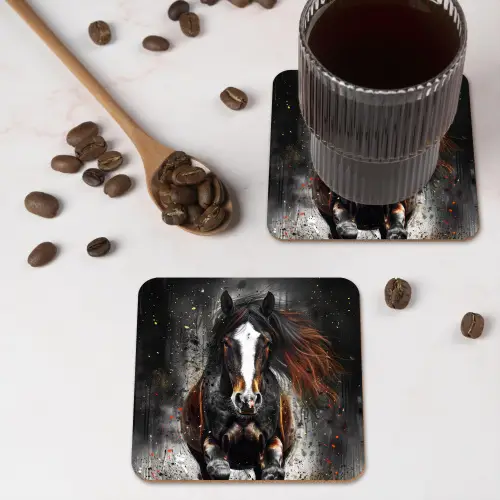 Paard - Dieren - Zwart - Luxe - Modern onderzetter kurk middel -sfeer2