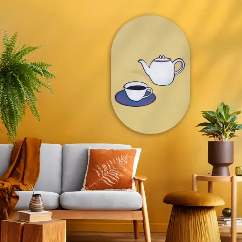 Theepot - Kopje - Beige - Illustratie Wandcirkel Ovaal Glas middel -sfeer4