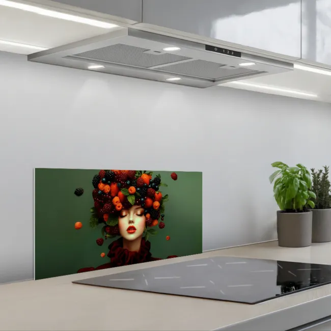 Vrouw - Aardbeien - Frambozen - Bramen - Bessen keuken achterwand spatscherm klein -3d_schuin