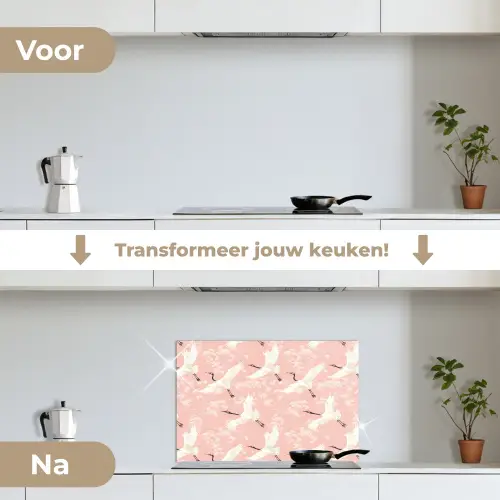 Kraanvogels - Bloesem - Roze keuken achterwand spatscherm klein 900 -voor_na_NL