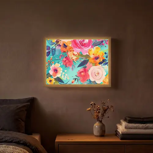 Bloemen - Olieverf - Kleurrijk - Natuur Light Box met batterij (Wandlamp) middel -sfeer4