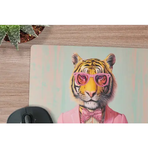 Tijger - Strik - Jasje - Roze muismat rubber klein -closeup