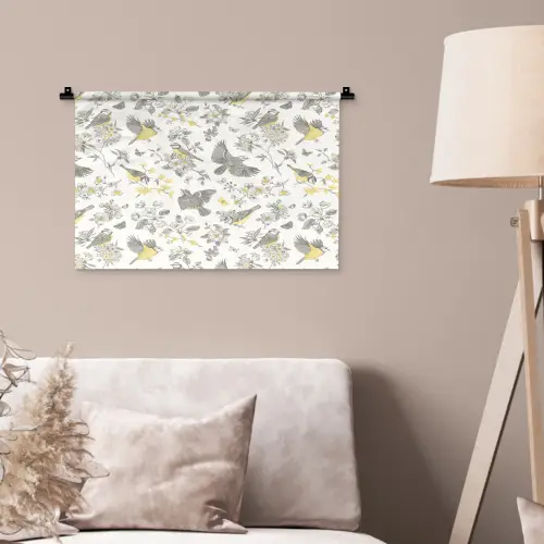 Birds - Flowers - Gray - Yellow Wandkleed katoen klein 269 -sfeer4