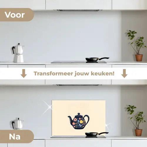 Theepot - Kleurrijk - Bloemen keuken achterwand spatscherm klein -voor_na_NL