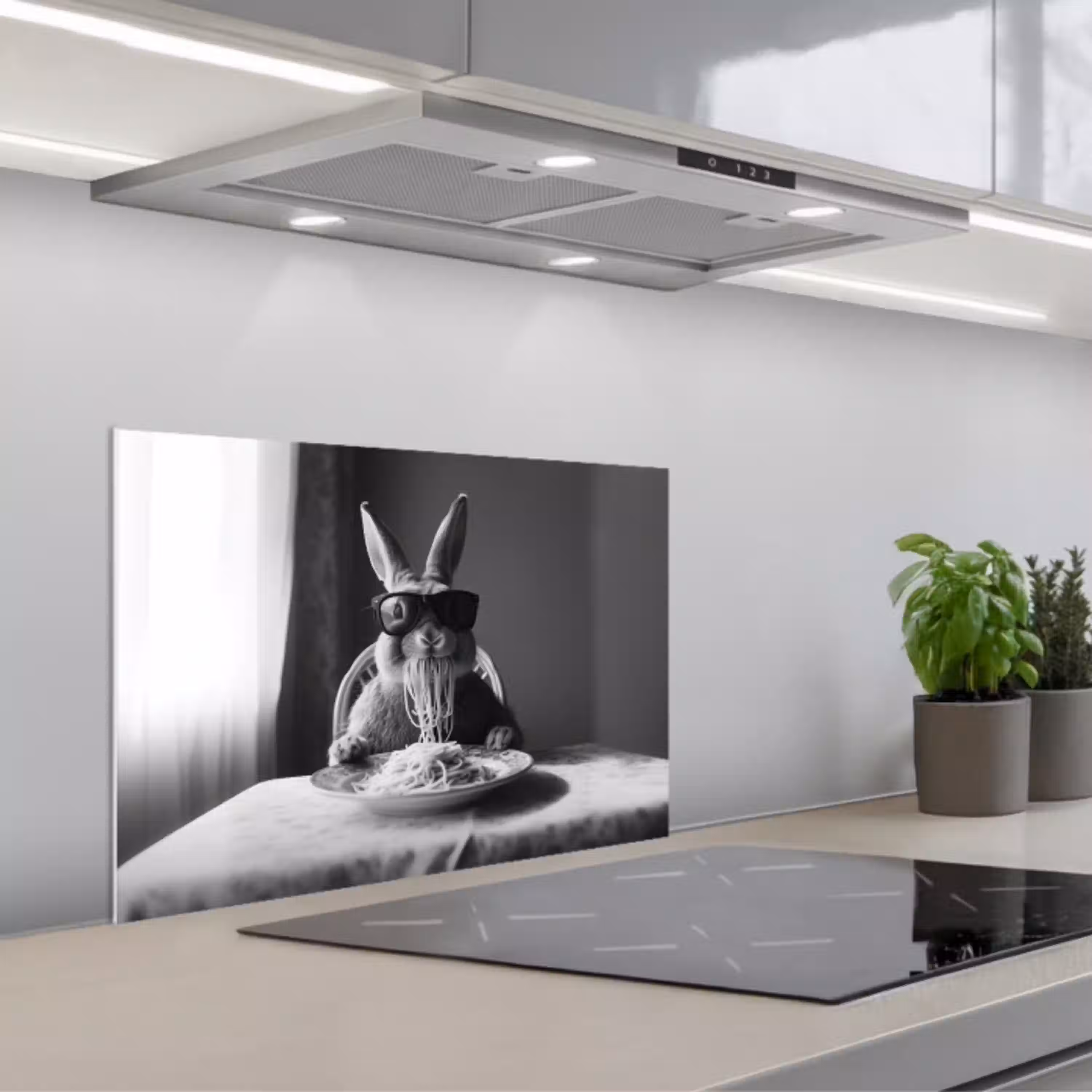 Konijn - Bunny - Zonnebril - Tafelkleed - Pasta - Schattig keuken achterwand spatscherm klein -3d_schuin