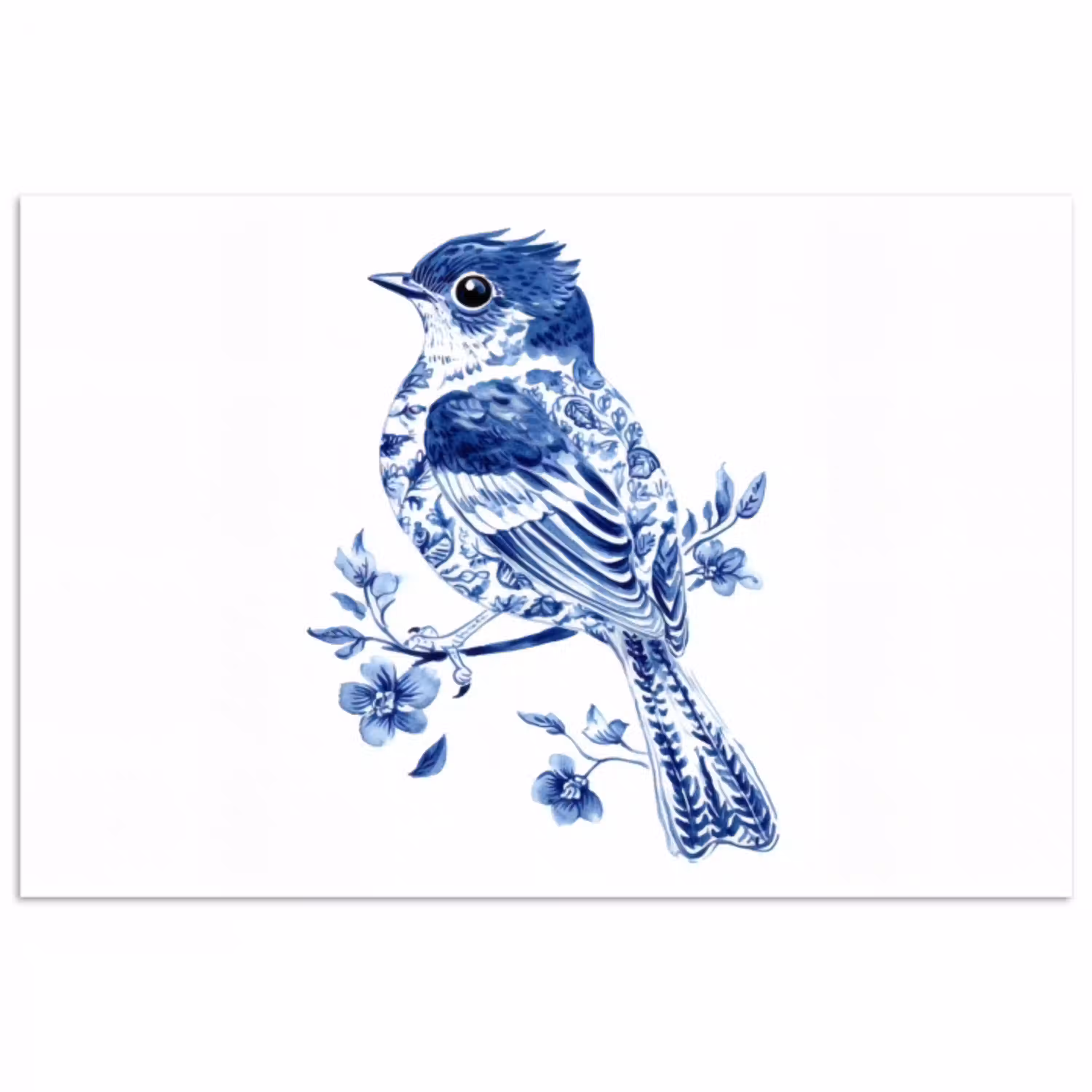 Vogel - Delfts blauw - Illustratie - Bloemen poster papier klein -3d