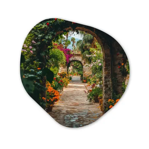 Doorkijk - Bloemen - Poort - Stenen Wandcirkel Organisch Plexiglas middel -3d