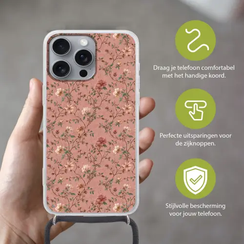 Botanisch - Bloemen - Roze Hoesje iPhone 16 Pro Max met koord klein 804 -sfeer2_NL