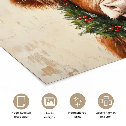 Kerst - Schotse Hooglander - Bruin - Krans poster papier klein -closeup_NL