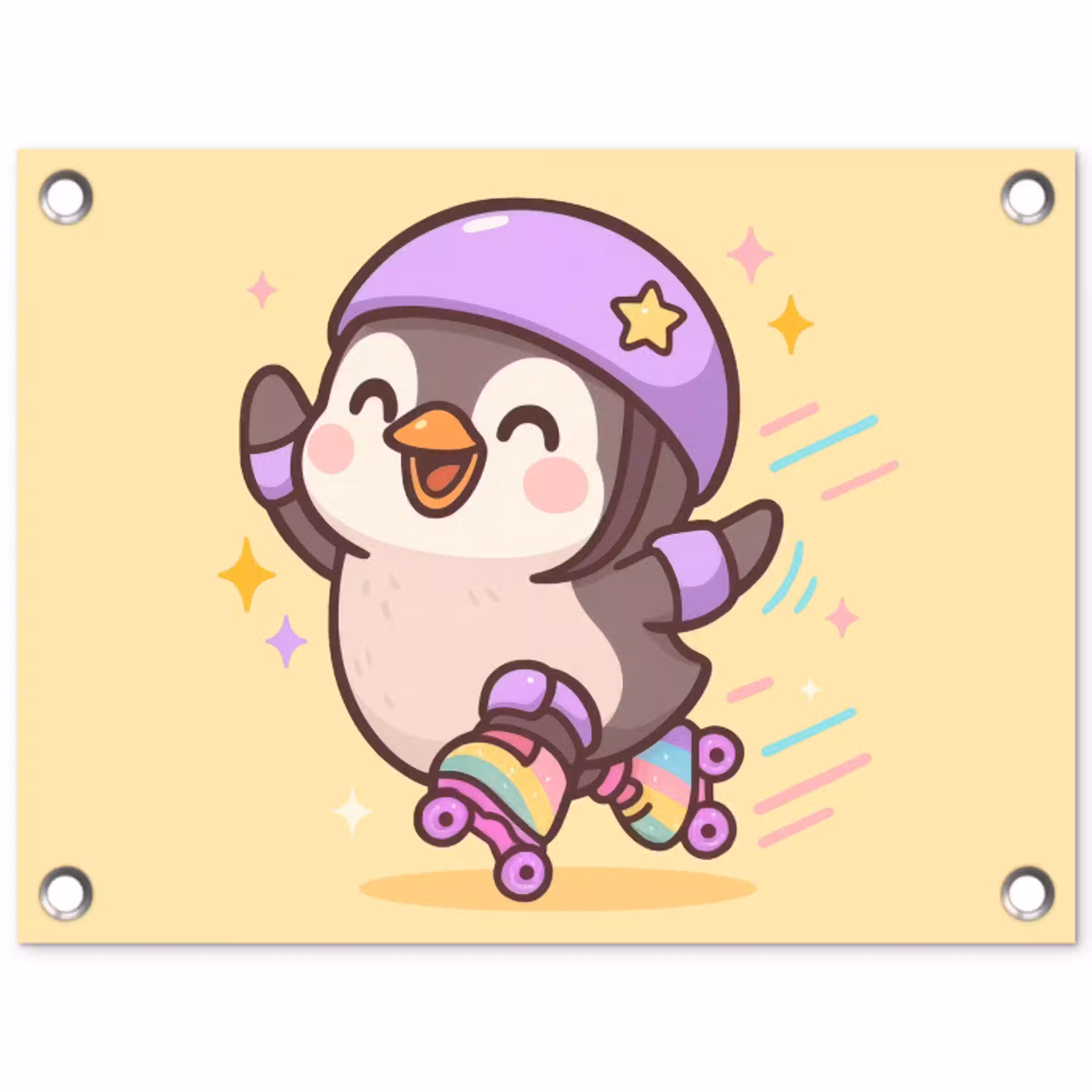 Pinguïn - Rolschaatsen - Geel - Energiek tuinposter los doek klein -3d