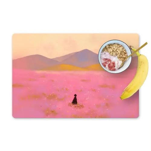 Bloemenweide - Heuvels - Silhouet - Roze Placemat vinyl groot -zzzproduct_Kitchenyeah-website