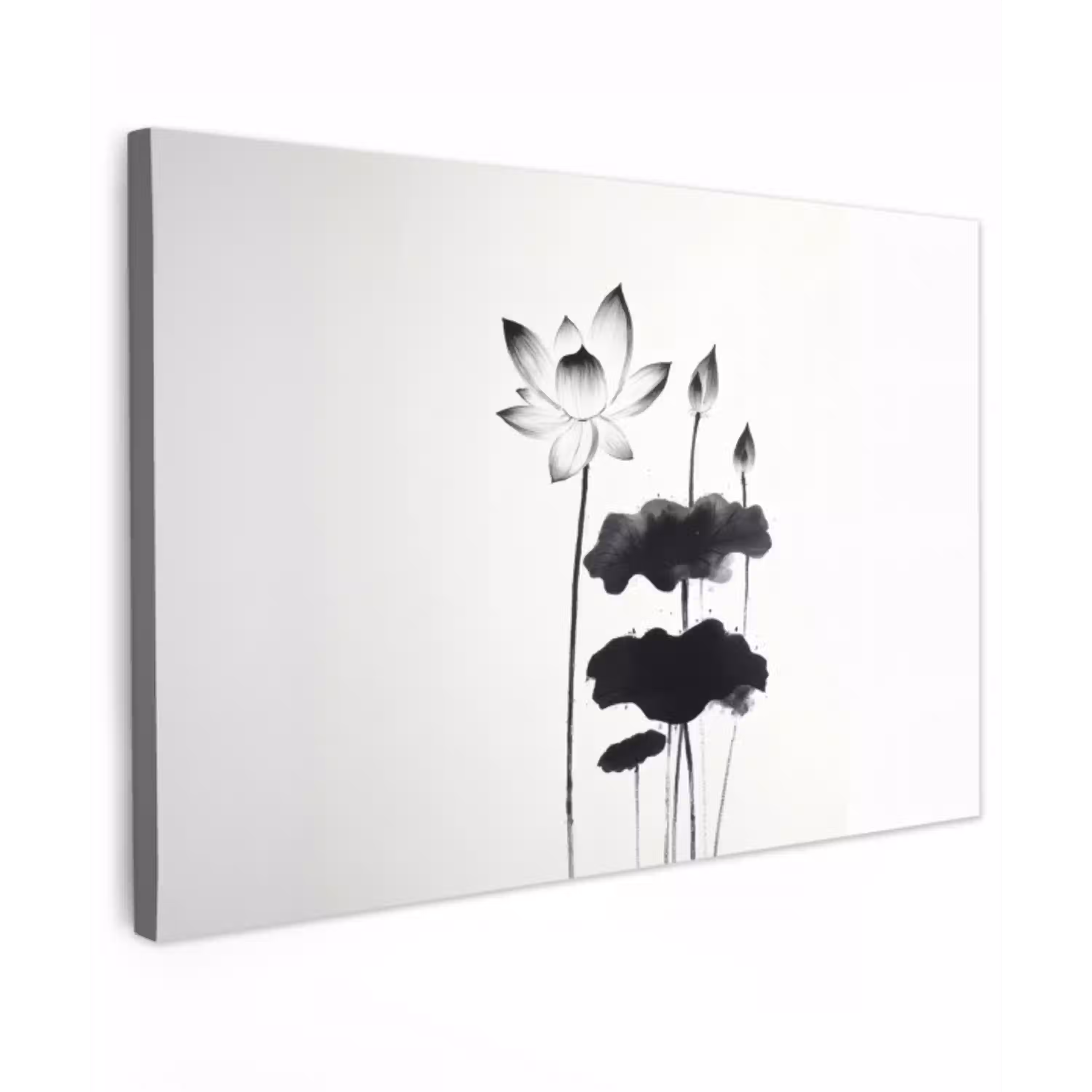Bladeren - Zwart - Lotusbloem - Minimalitisch Tuinposter op houten frame 2 cm dik klein -3d