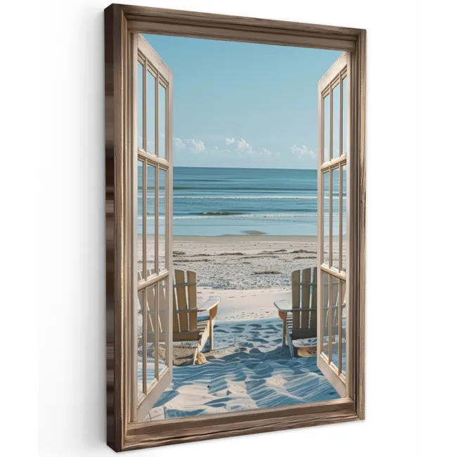 Doorkijk - Strandstoelen - Duinen - Zee - Natuur Tuinposter op houten frame 2 cm dik klein -3d