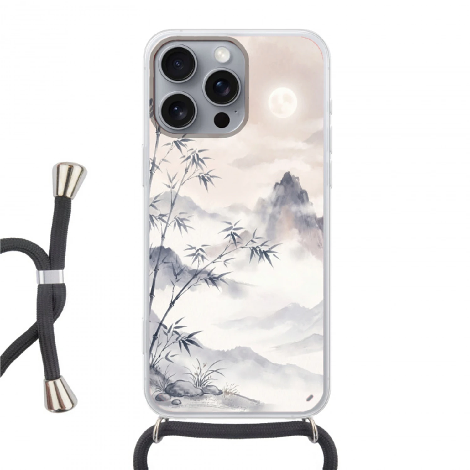 Bamboe - Azië - Grijs Hoesje iPhone 16 Pro Max met koord klein -3d