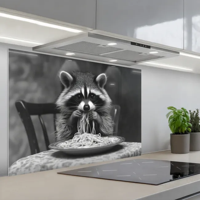 Fond de hotte - Raton laveur - Mignon - Pâtes - Nappe - Noir - Blanc