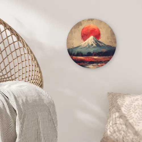 Bergtop - Sneeuw - Zon Wandcirkel kunststof plaat 5mm dik klein -sfeer5