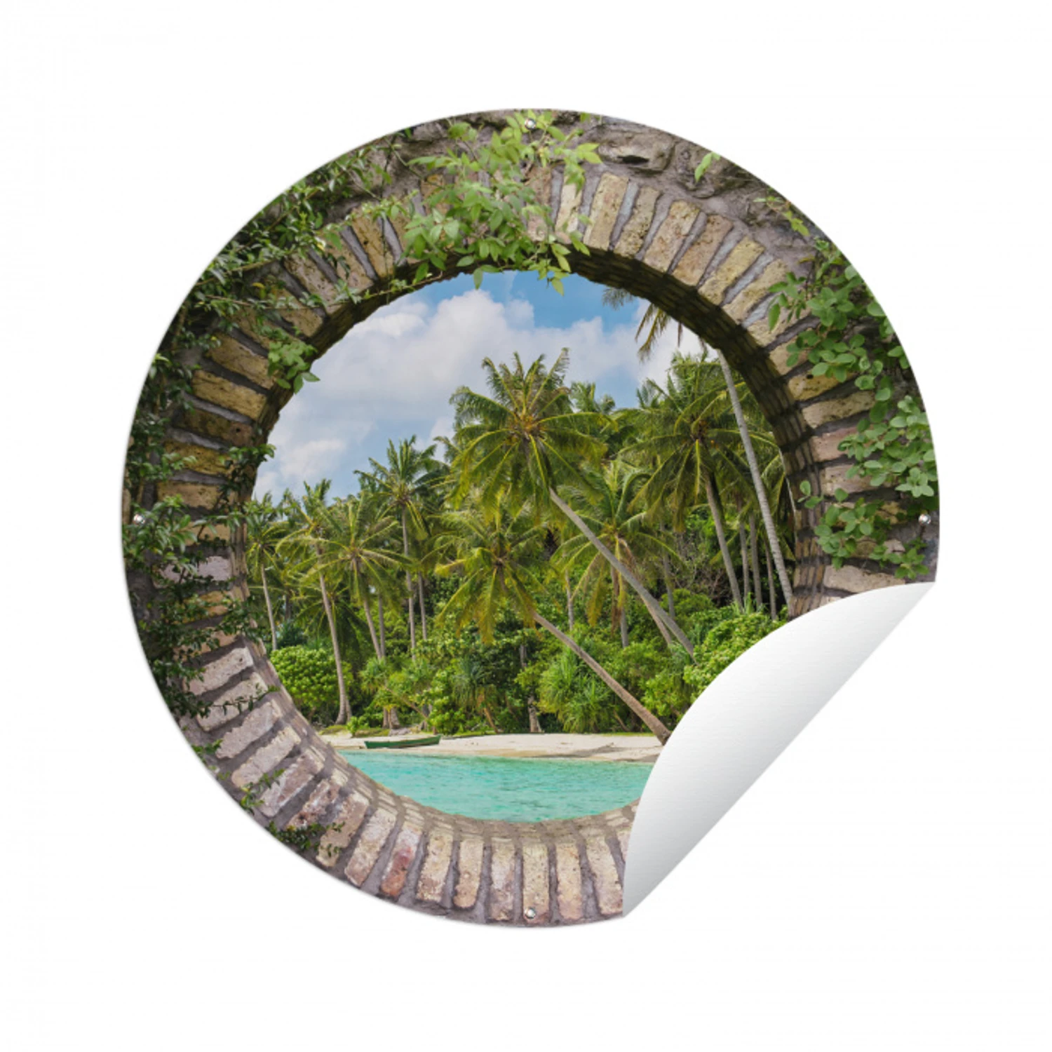 Doorkijk - Palm - Tropisch - Strand - zee Wandcirkel tuinposter met ringen klein -3d