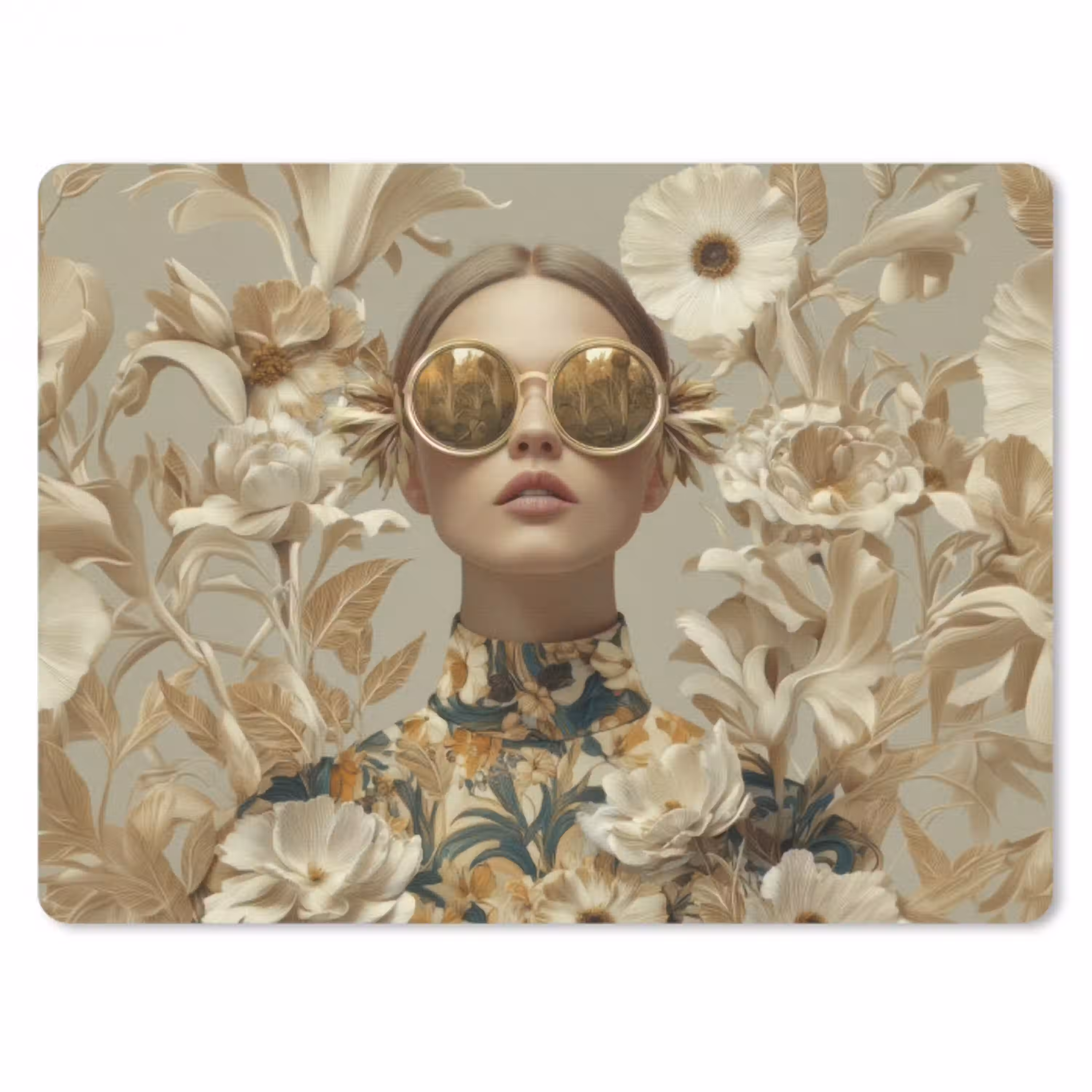 Vrouw - Bloemen - Zonnebril - Wit muismat rubber klein -3d