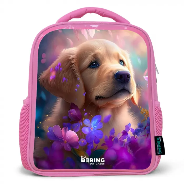 Jonge hond tussen felgekleurde bloemen Kinderrugzak - Roze middel -3d