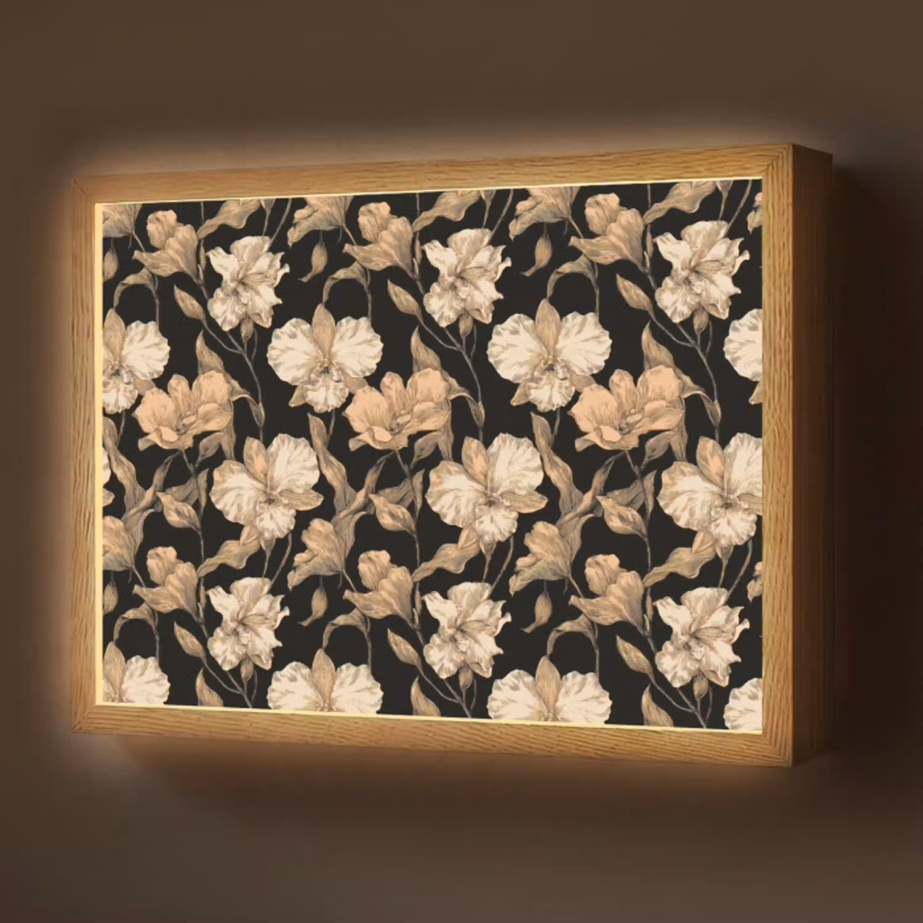 Orchideeën - Lijntekening - Patroon - Beige - Zwart Light Box met batterij (Wandlamp) middel 907 -z3d_website