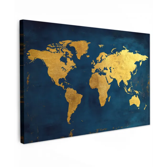 Wereldkaart - Goud - Donkerblauw canvas 2cm klein -z3d