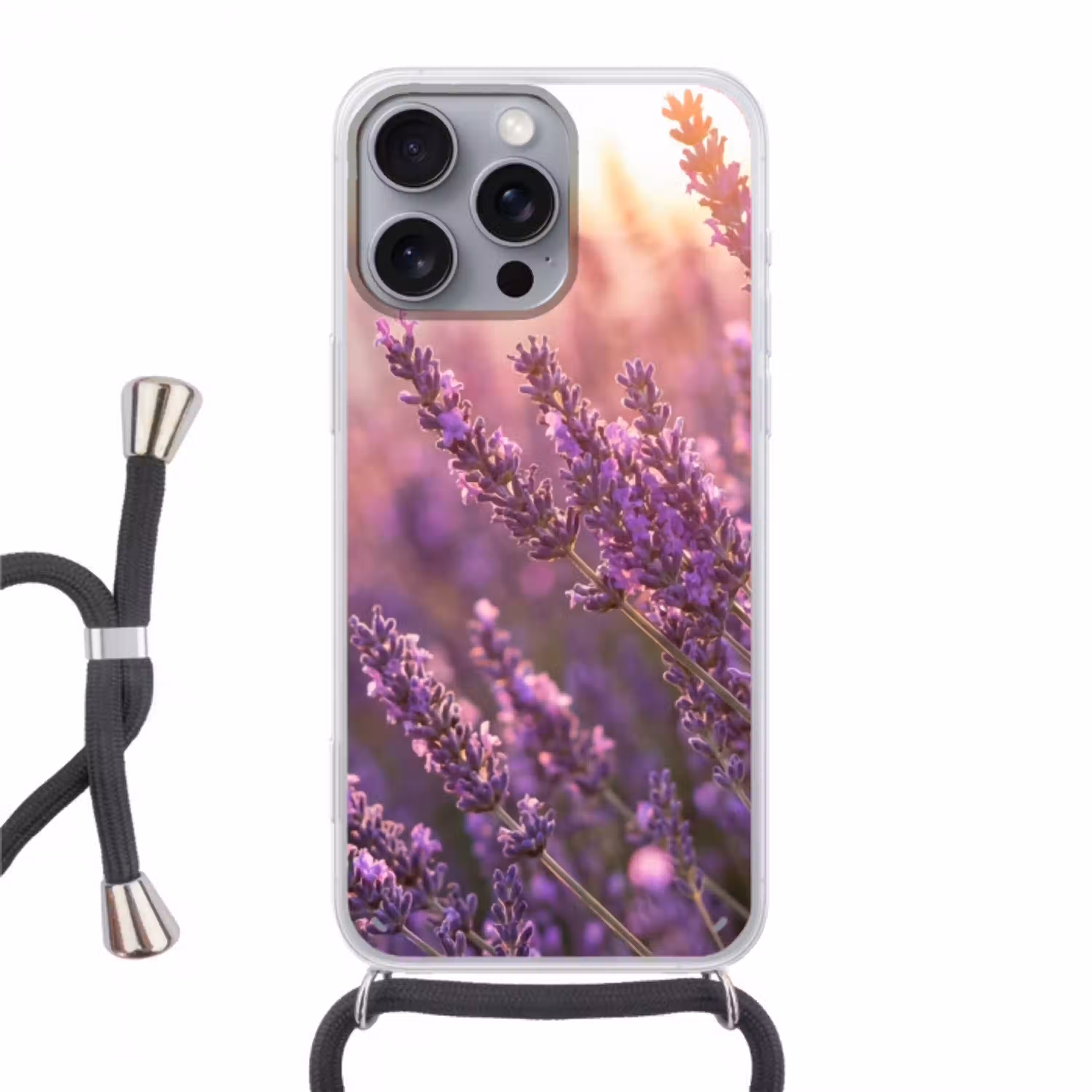 Lavendel - Paars - Zonlicht Hoesje iPhone 16 Pro Max met koord klein -3d