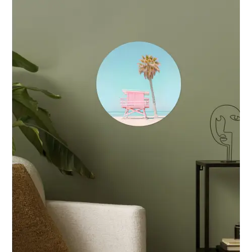 Palmboom - Strandhuis - Roze Wandcirkel behangsticker klein -sfeer2