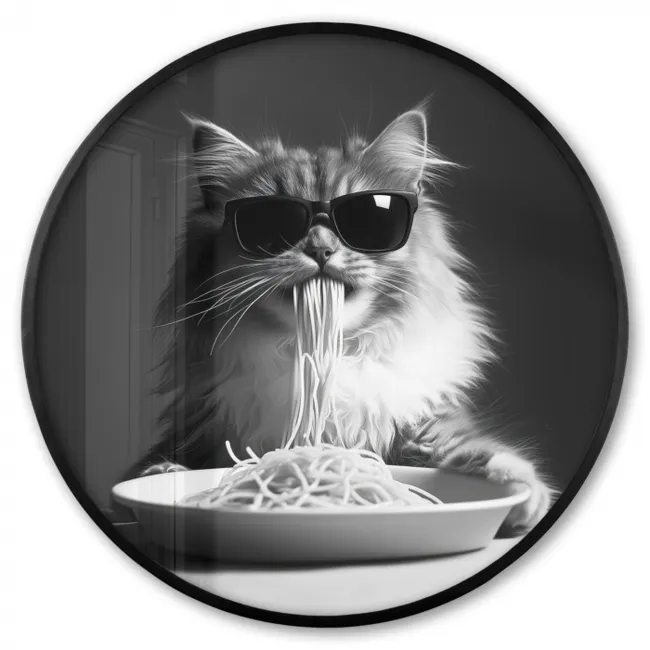 Ronde fotolijst - Langharige kat - Zonnebril - Spaghetti - Humor - Zwart - wit