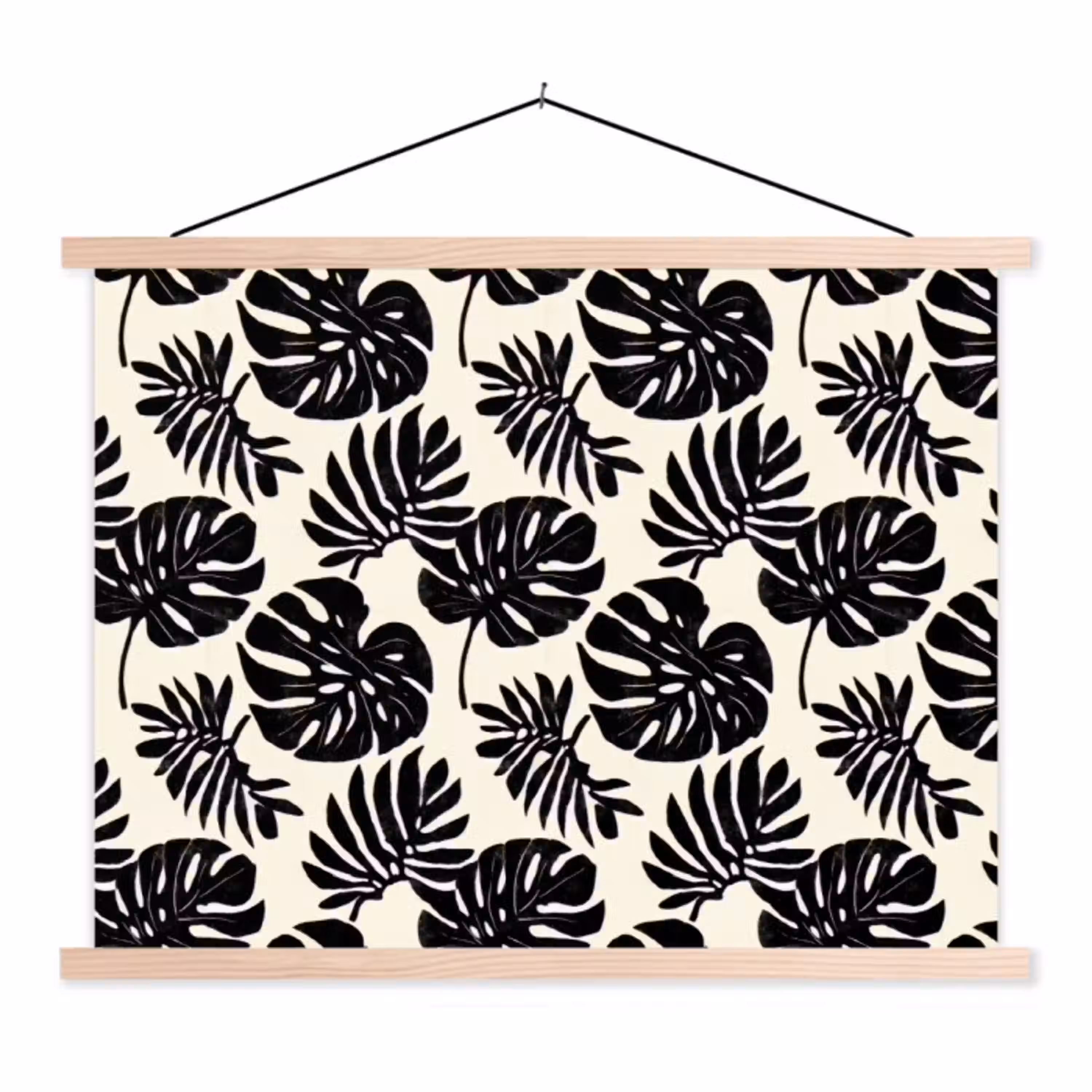 Modern - Monstera - Zwart textielposter latten blank klein 122 -3d