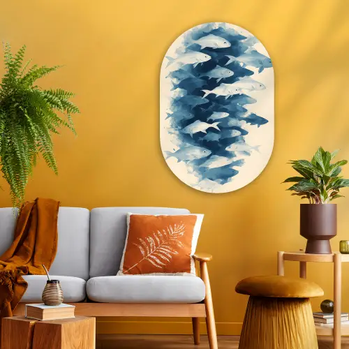 Vissen - Minimalistisch - Blauw Wandcirkel Ovaal Glas middel -sfeer4
