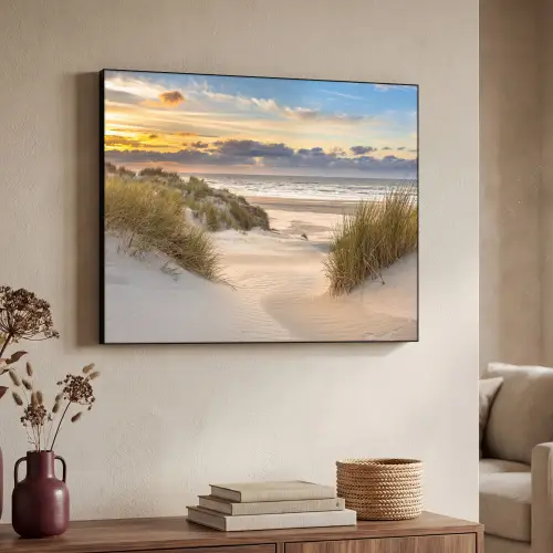 Strand - Duin - Gras - Zonsondergang - Zee Textielframe zwart klein -sfeer3