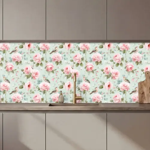 Rozen - Vogels - Pastel - Kleurrijk keuken achterwand 2 middel 871 zz_3dshopping