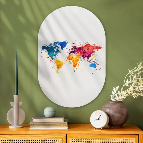 Wereldkaart - Graffiti - Kleurrijk Wandcirkel Ovaal Glas middel -sfeer2