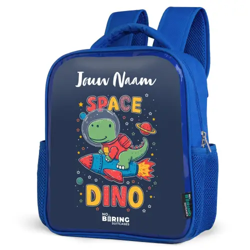 Dinosaurus - Groen - Raket - Sterrenhemel Kinderrugzak - Blauw middel -schuin
