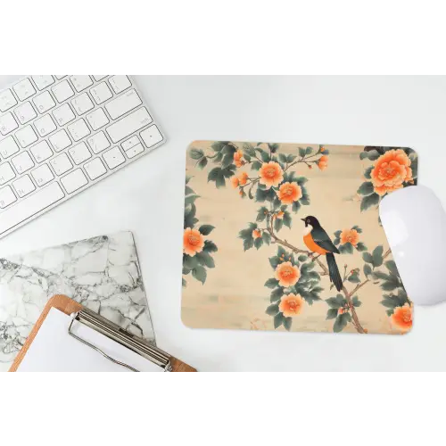 Vogel - Tak - Bloemen - Oranje muismat rubber klein -witbureau