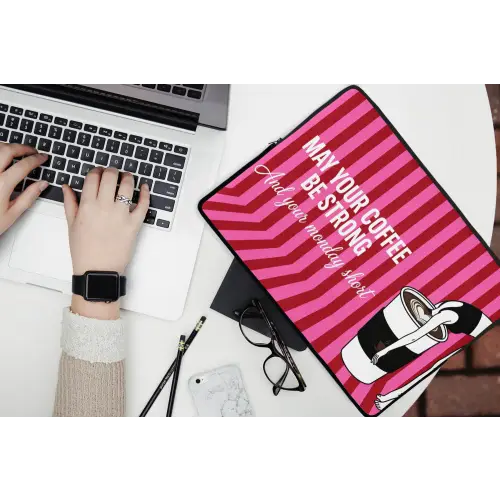 Roze - Strepen - Koffie - Maandag laptophoes neopreen klein -bureau