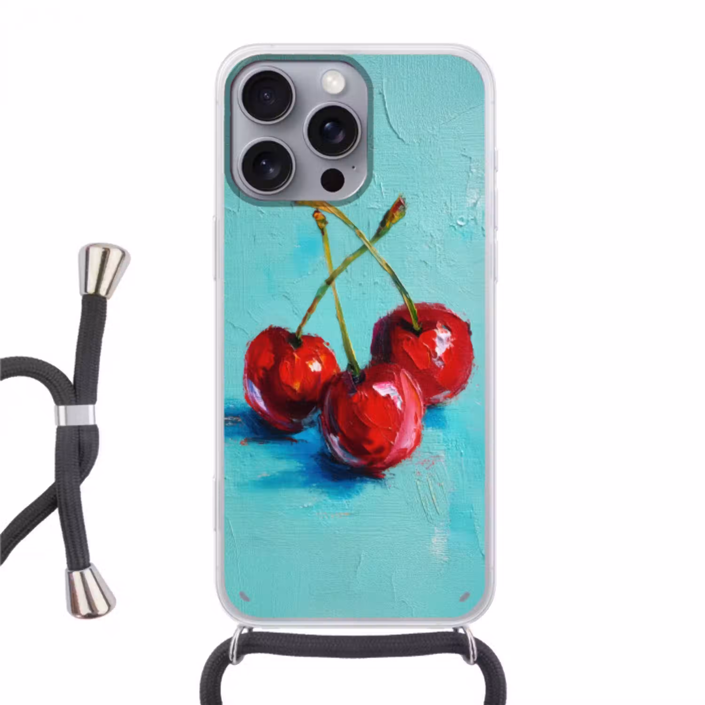 Kersen - Rood - Drie - Geverfd Hoesje iPhone 16 Pro Max met koord klein -3d