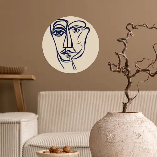 Minimalistisch - Lijnillustratie - Beige - Donkerblauw Wandcirkel behangsticker klein -sfeer1