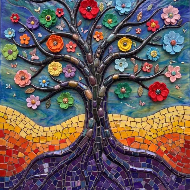 Behang - Levensboom - Mozaïek - Bloemen - Kleurrijk - Vrolijk