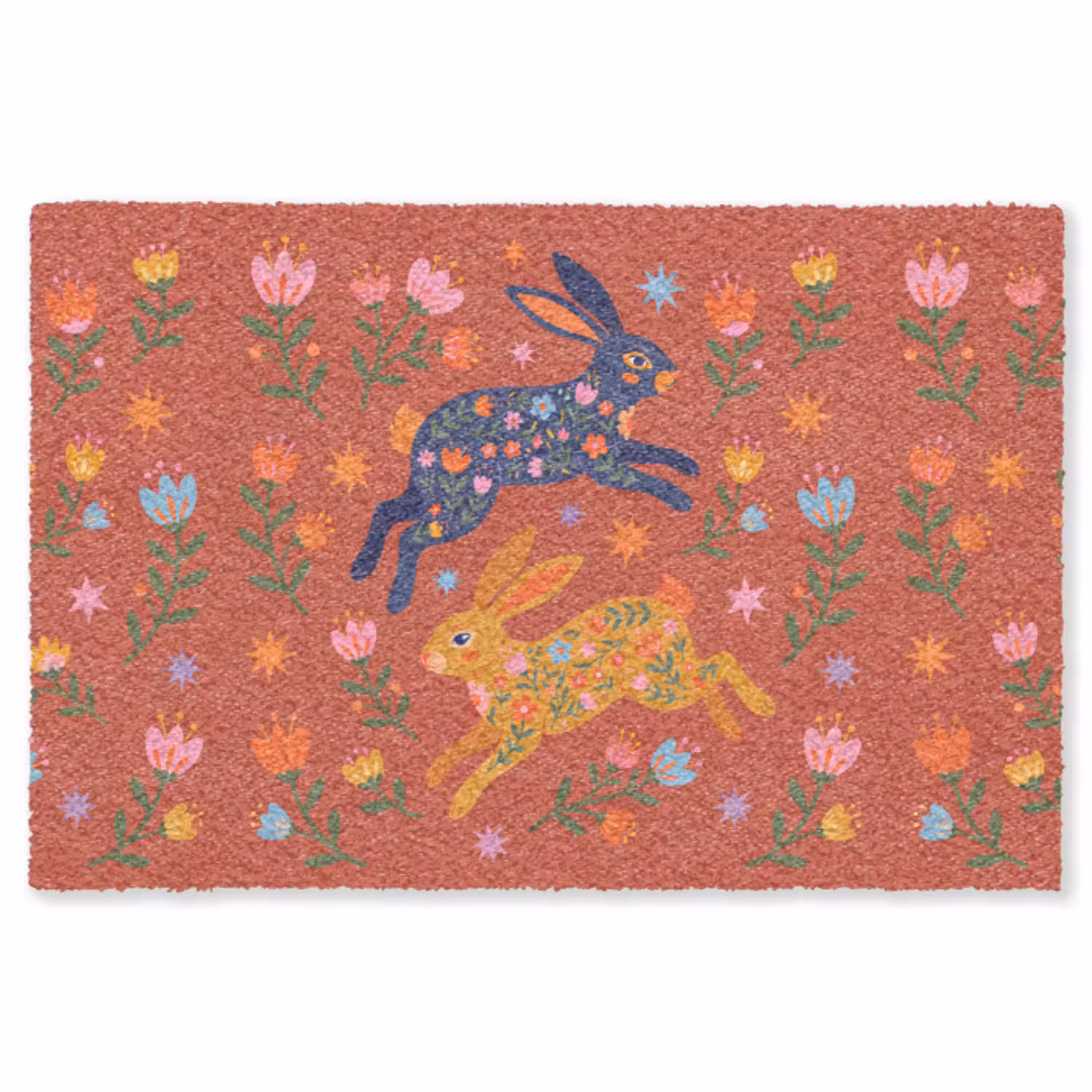 Konijn - Bloemen - Folk Art - Kleurrijk - Dieren Vloerkleed Rechthoek klein -3d