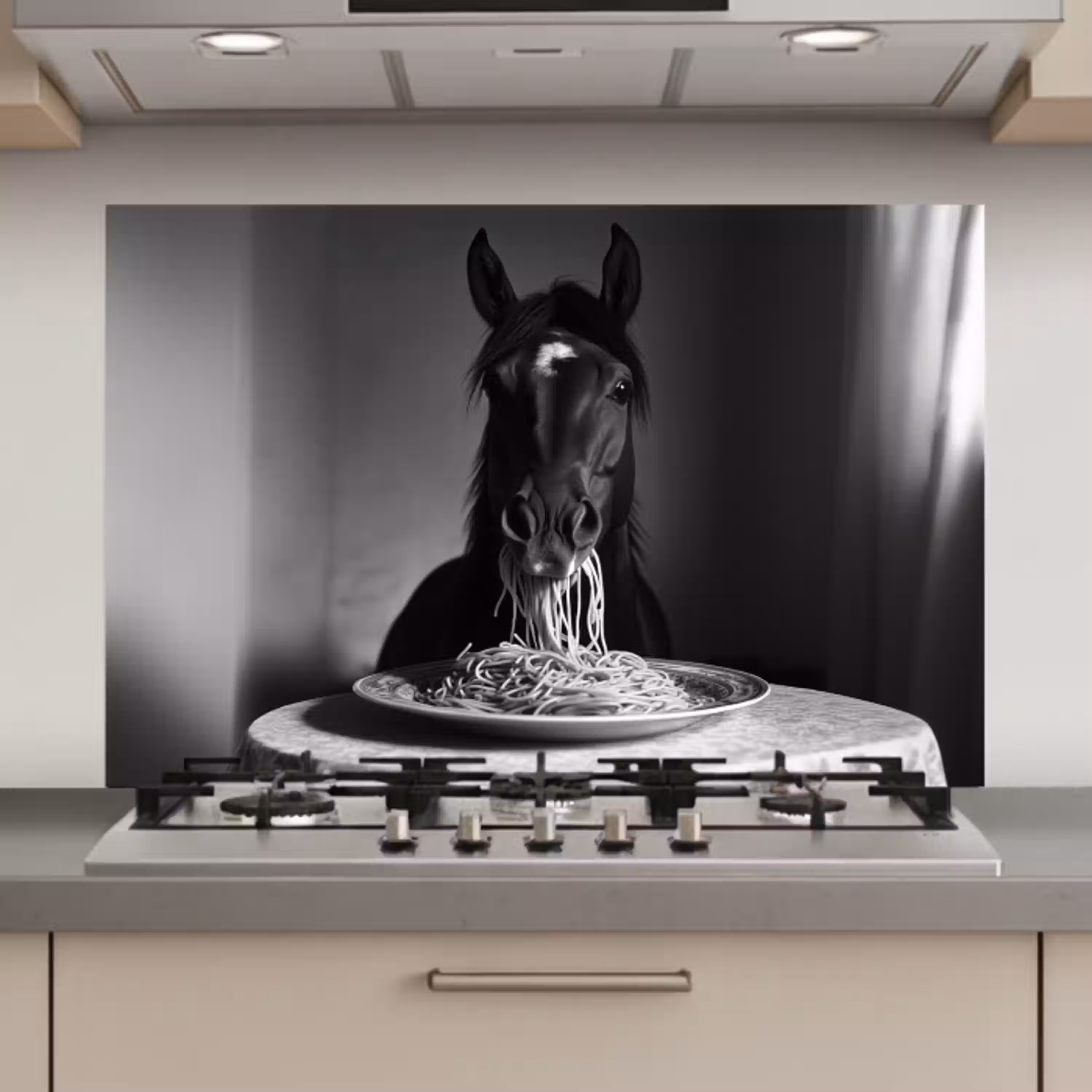Paard - Bord - Pasta - Tafelkleed - Zwart Wit - Dieren keuken achterwand spatscherm klein -3d_website