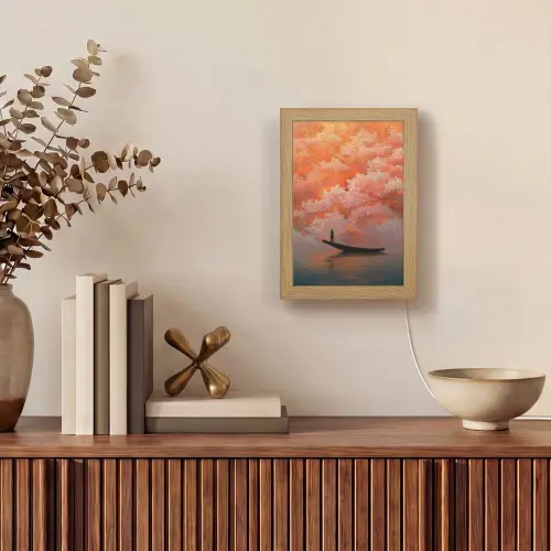 Zee - Boot - Wolken - Oranje Light Box met kabel (Tafellamp) klein -sfeer2