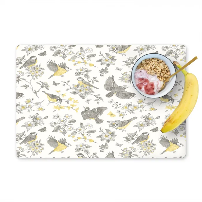 Birds - Flowers - Gray - Yellow Placemat vinyl groot 368 -zzzproduct_Kitchenyeah-website