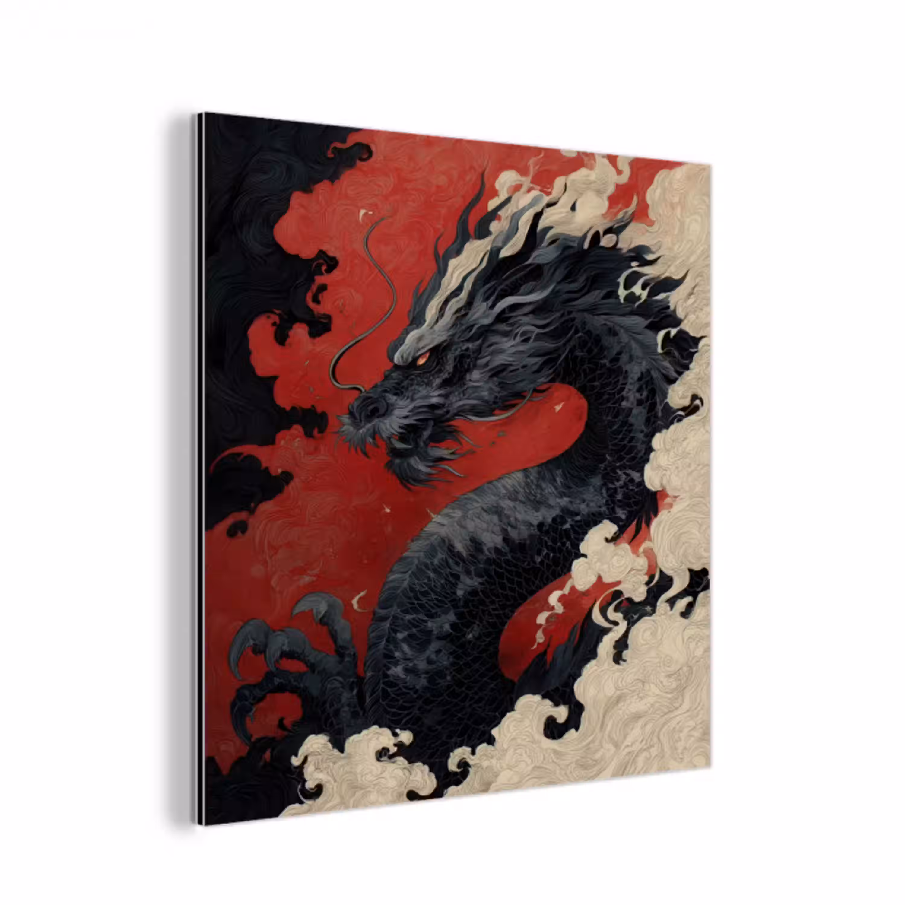 Zwarte draak - Rookwolken - Rood aluminium wit klein -3d