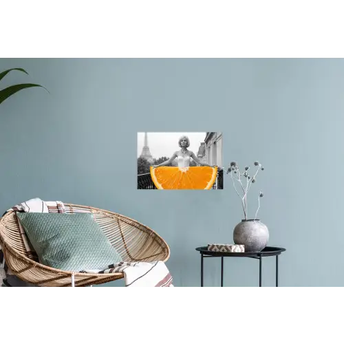 Sinaasappel - Eiffeltoren - Vrouw Muursticker klein -plant