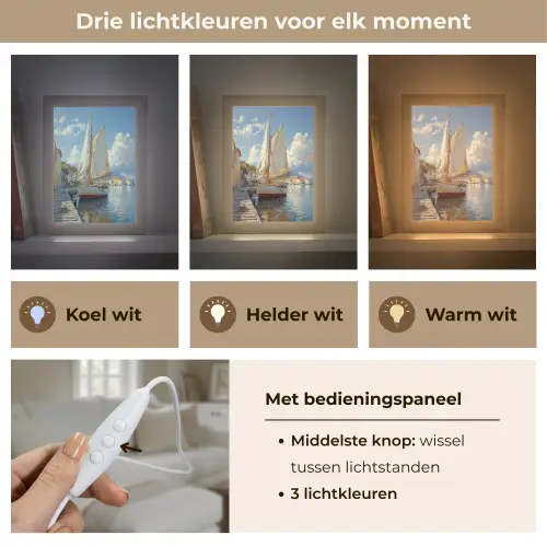 Zeilschip - Huizen - Kade - Zee Light Box met kabel (Tafellamp) klein -USP_lichtkleurNL