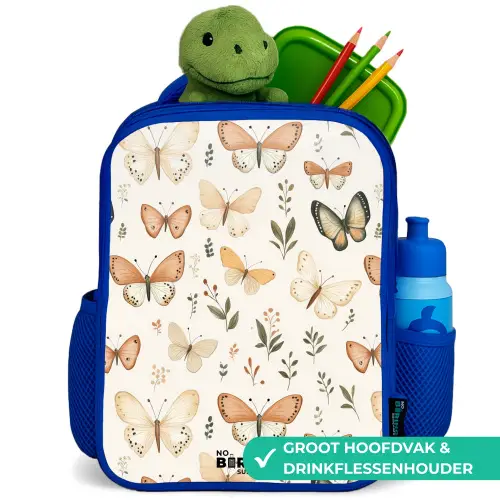 Vlinders in beige en oranjetinten tussen groene blaadjes Kinderrugzak - Blauw middel -inhoud_NL