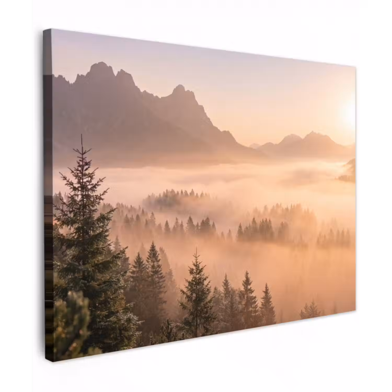 Leinwandbild - Sonnenlicht - Nebel - Berge - Bäume
