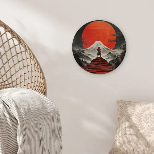 Krijger - Rode trappen - Zon - Berg Wandcirkel kunststof plaat 5mm dik klein -sfeer5