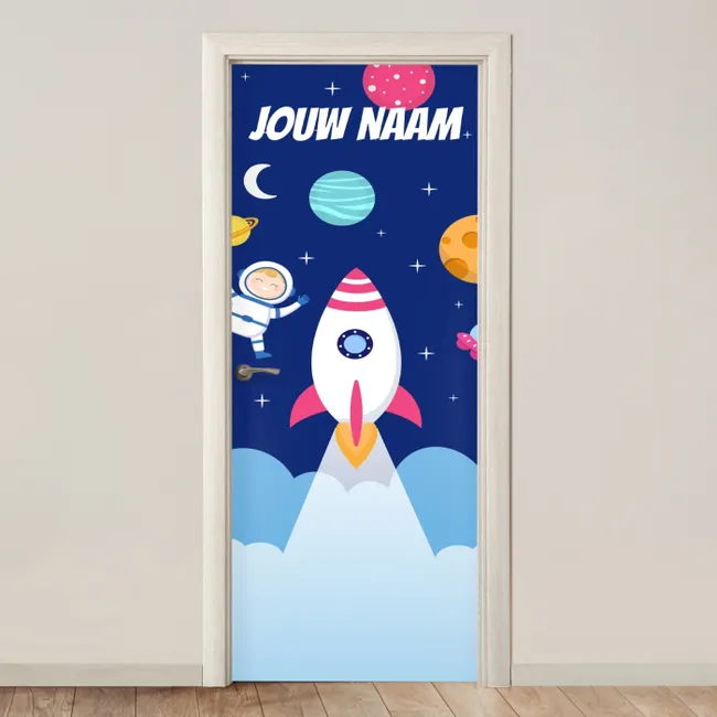Deursticker met naam - Cartoon - Raket - Blauw